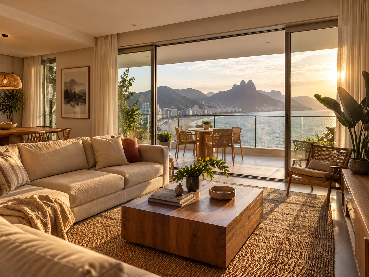 Apartamento ilustrativo com varanda e vista para o mar